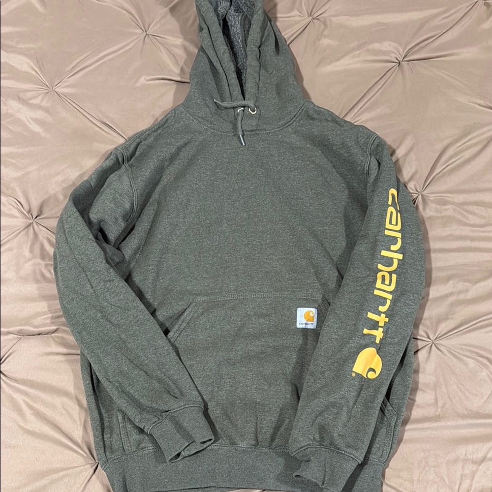 Carhartt Charcoal Hoodie with Bold Yellow Sleeve Logo